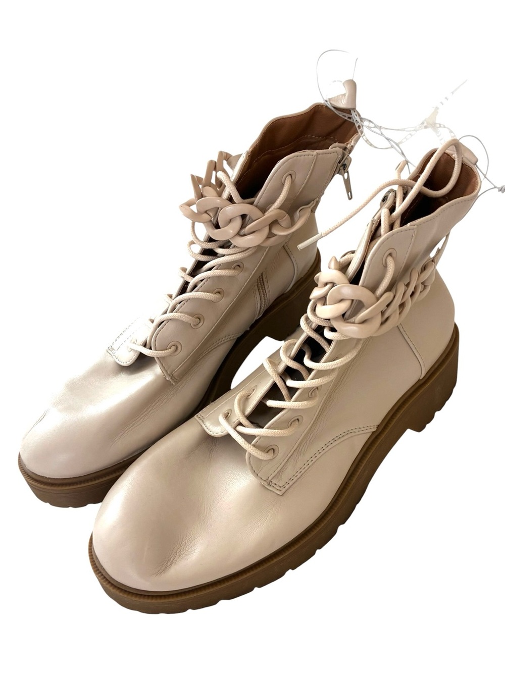Report | NWT Layla ivory block heel chain trim booties combat boots size 8.5